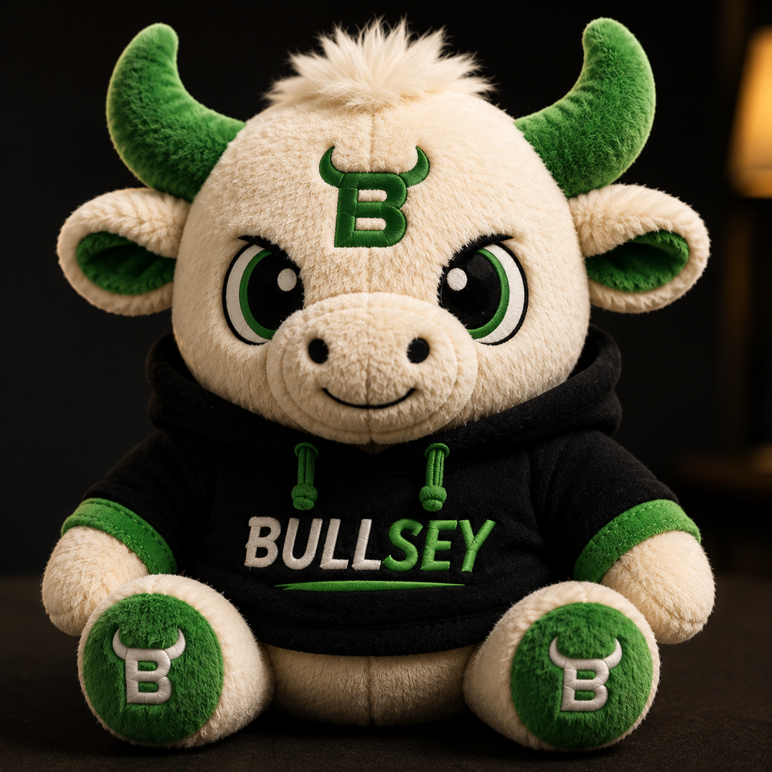 The Bullsey Genesis plush: cream boucle bull with moss-dyed horns and a black embroidered hoodie